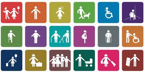 Diferentes cuadros y colores con figuras de personas que reflejan la accesibilidad universal 